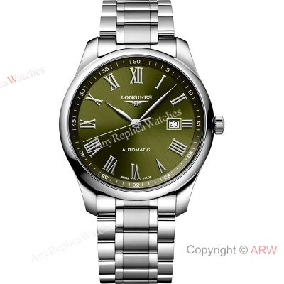High Quality Replica LONGINES Master Collection Silver 316L Stainless Steel Strap Olive Green Face Dial Silver Case Watch 40mm